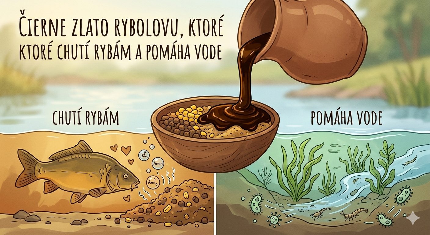 Ilustrácia znázorňujúca výhody melasy pri rybolove. V hornej časti sa hustá tmavá melasa leje z hlineného džbánu do misky s krmivom. Dolná polovica je rozdelená: na ľavej strane kapor pláva k návnade obklopenej bublinami s ikonami aminokyselín (s nápisom „CHUTÍ RYBÁM“); na pravej strane zdravé vodné rastliny, mikroorganizmy a bezstavovce prosperujú v čistej vode (s nápisom „POMÁHA VODE“). Nadpis v hornej časti znie: „ČIERNE ZLATO RYBOLOVU, KTORÉ CHUTÍ RYBÁM A POMÁHA VODE“.
