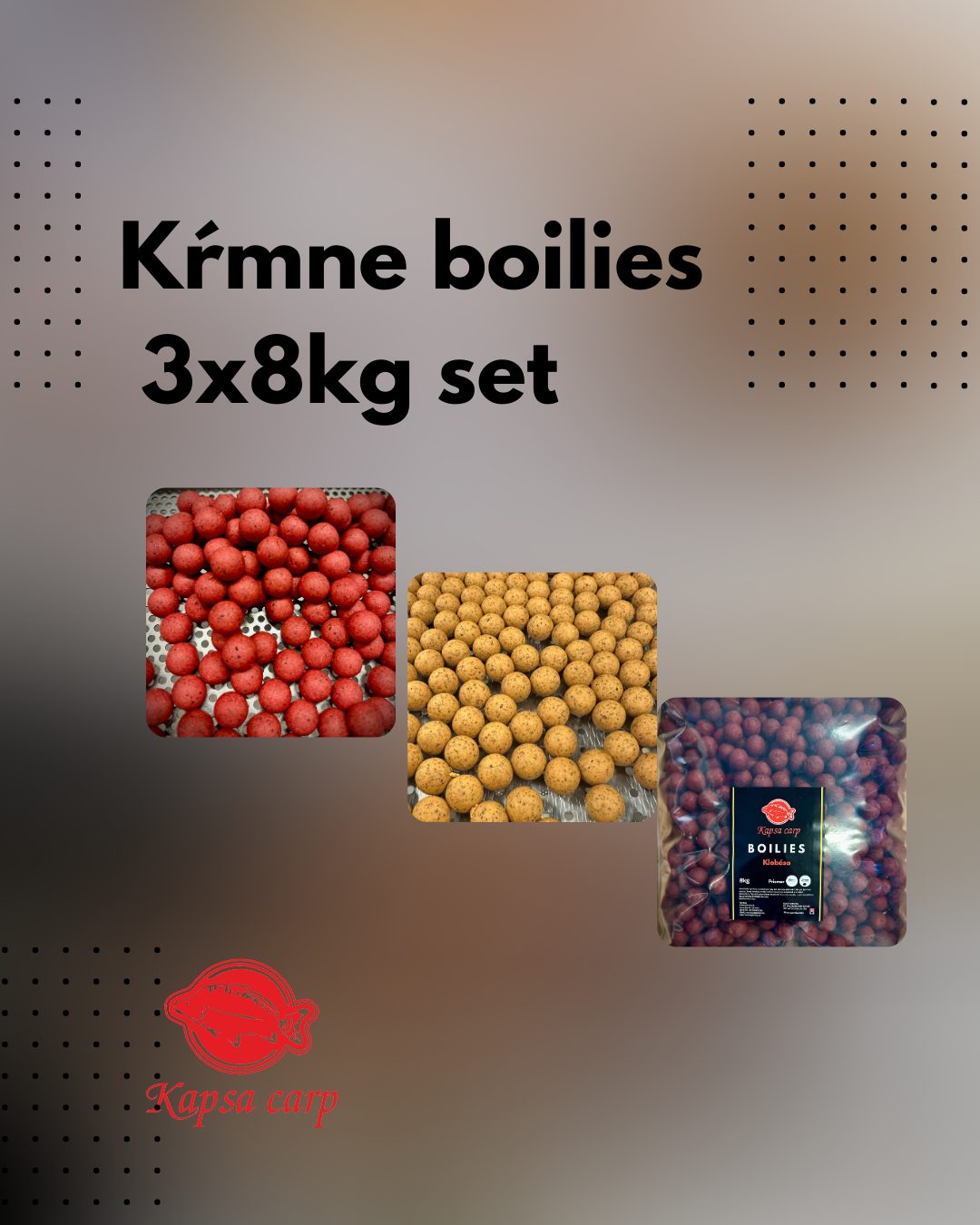 Kŕmne boilies 24kg SET (3x8kg) – Jahoda, Krab-Squid, Klobása